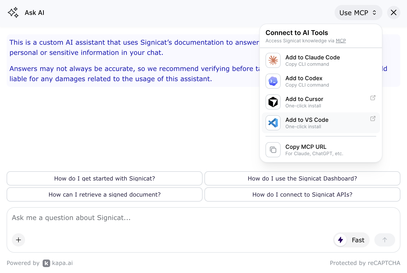 Ask AI widget options