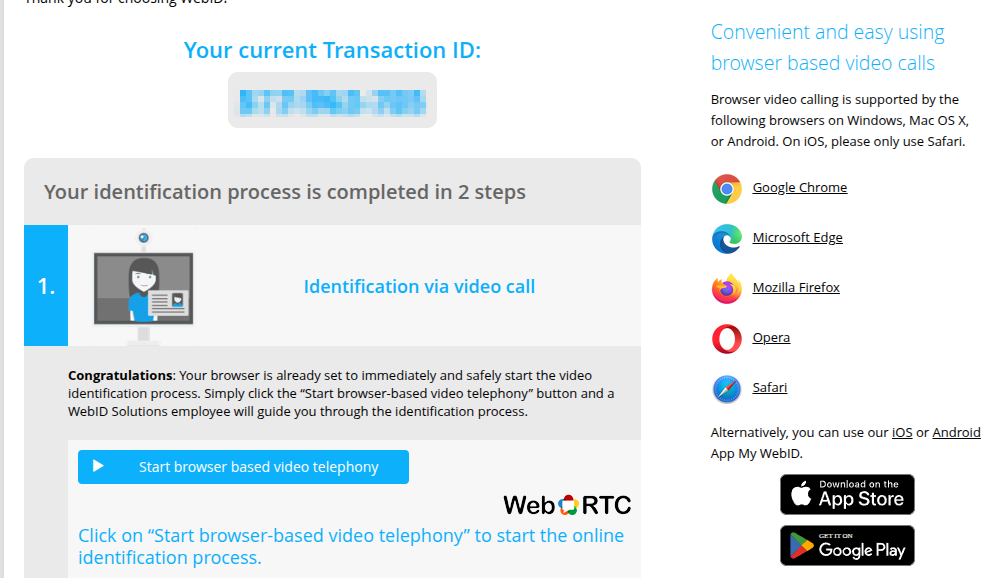 Instructs the end-user how to connect to a support agent, including the "Start browser based video telephony" button