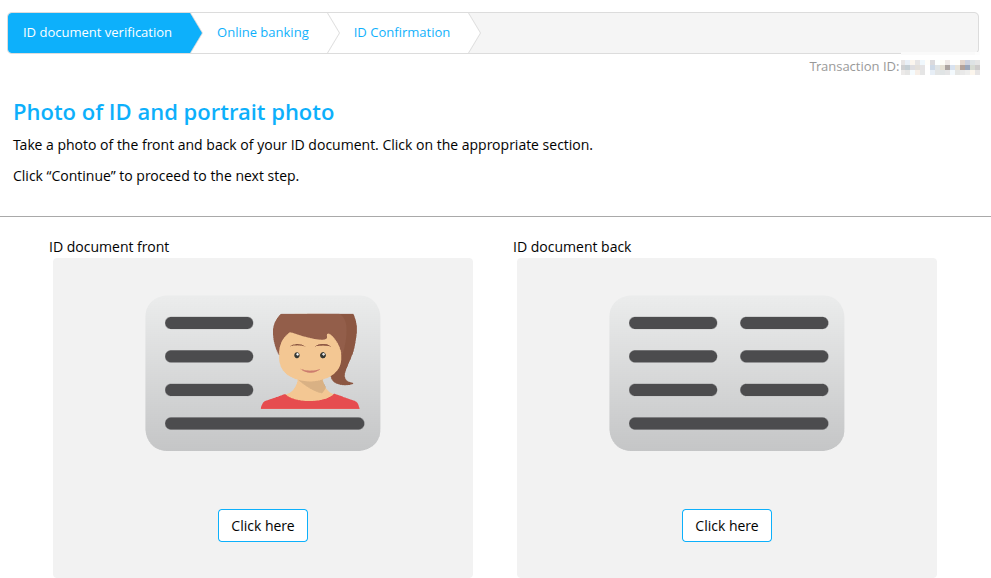 Instructs the end-user on how to take a photo of their ID document, including two "Click here" buttons for capturing the front and back sides of the ID document