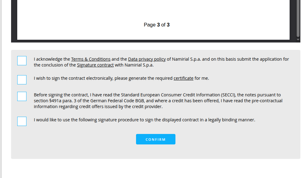 Confirm the signing by ticking the checkboxes for terms and conditions, generate a certificate, confirm you have read SECCI and consent to the following signing procedure