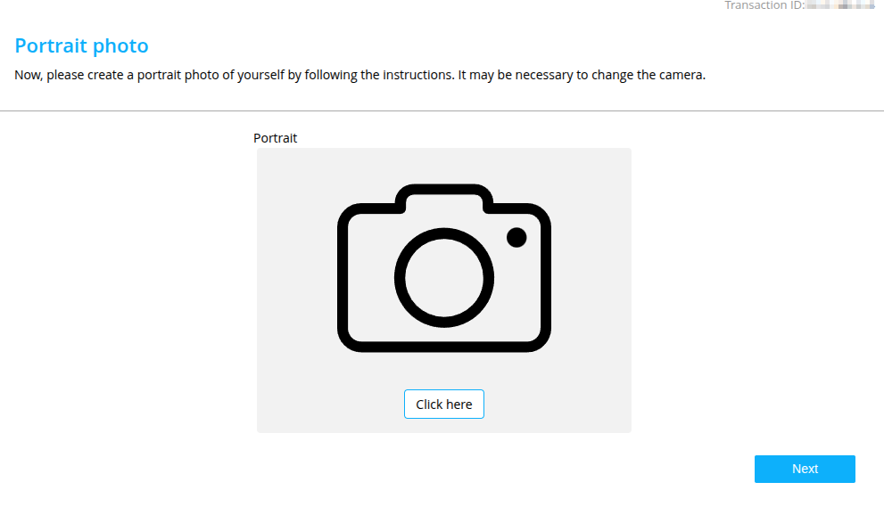Instructs the end-user to take a portrait photo of themselves, including the "Click here" button to take the selfie