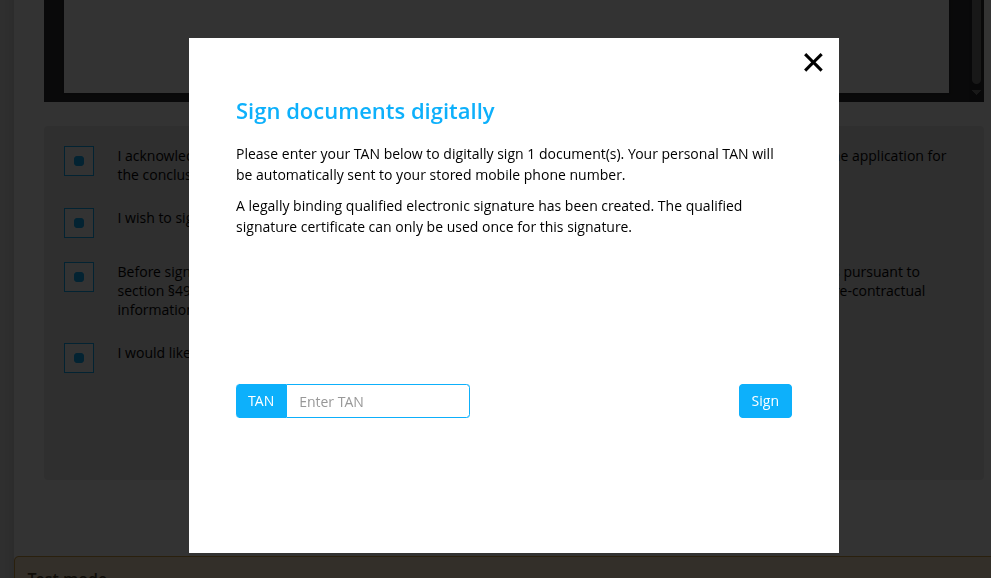 Instructs the end-user how to sign document(s) with TAN, what it means, and the TAN input field