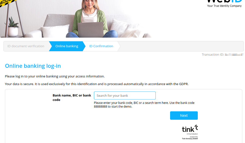 Input field for selecting your bank, either bank name, BIC or bank code and a "Next" button