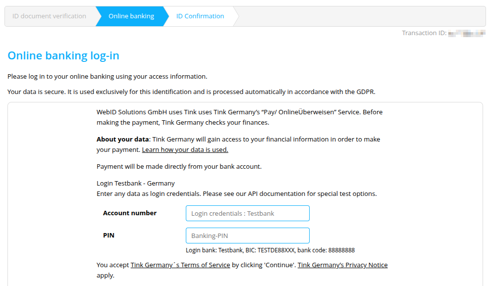 Instructs the end-user to log into their online bank by entering their account number and PIN code