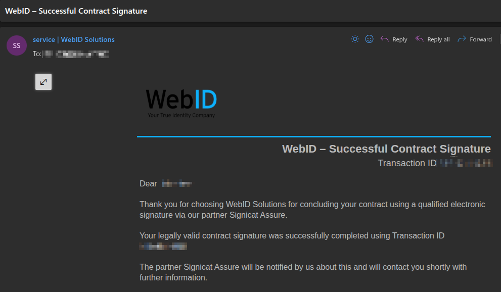 An example email confirming that the signing was successful