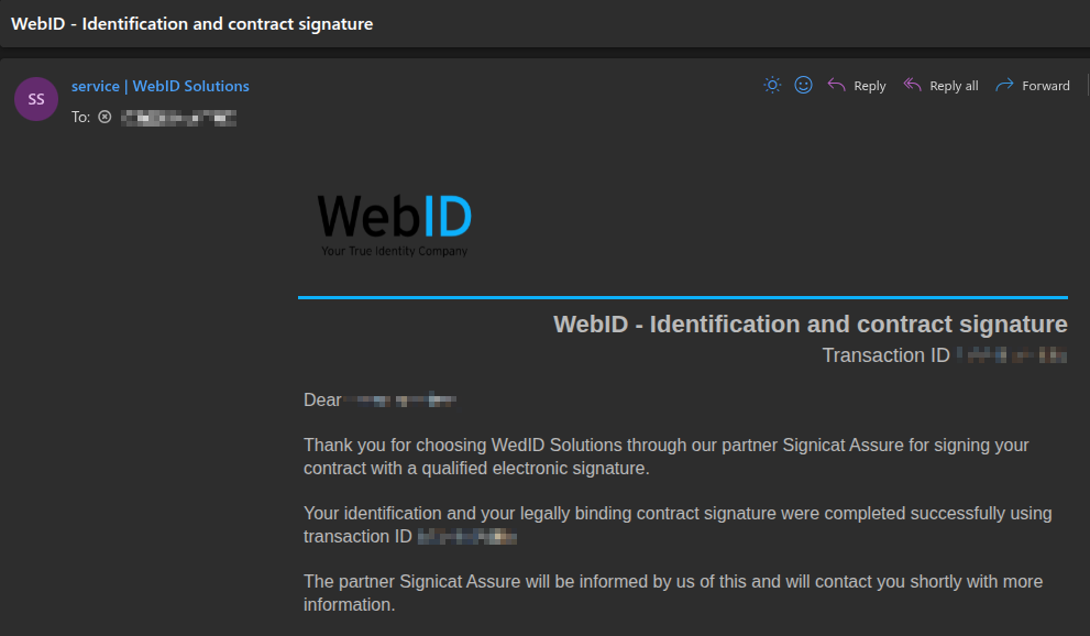 An example email confirming that the signing was successful