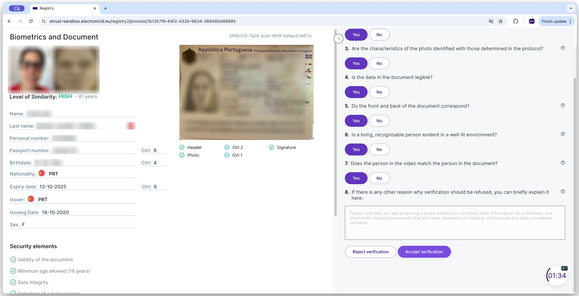 Accept or reject the identity verification