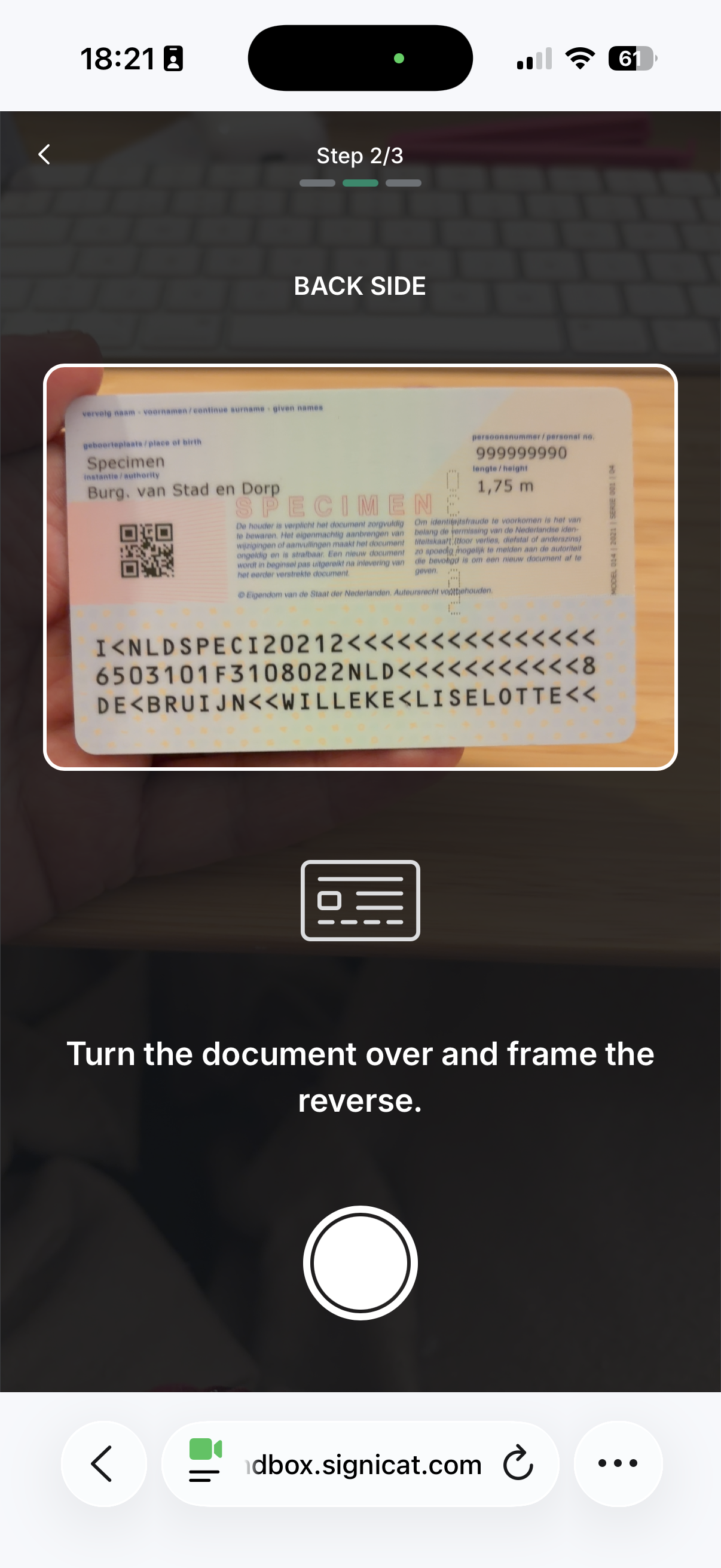 Insert the backside of the ID document inside the frame