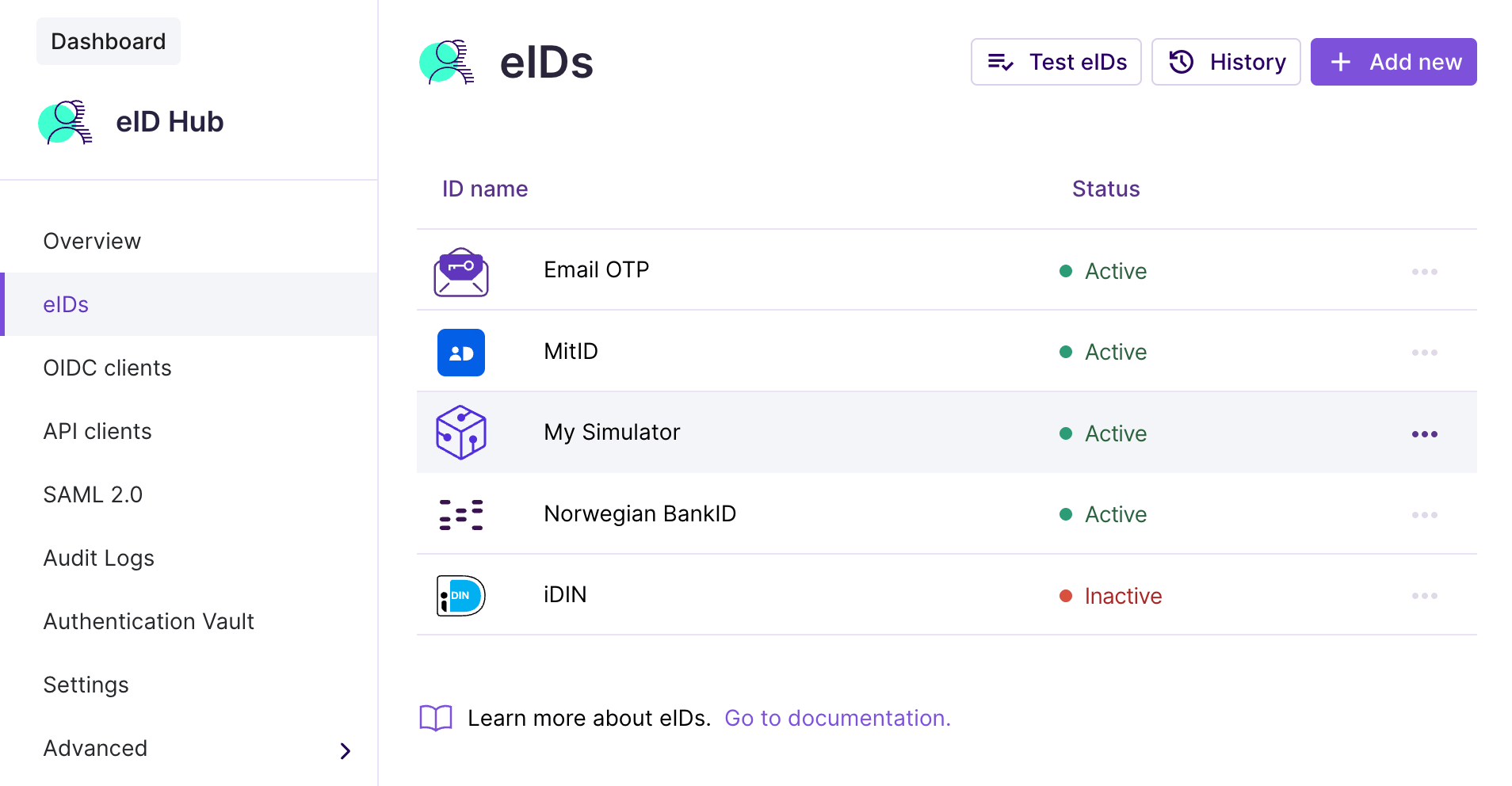 Simulator available as an eID in a sandbox account.