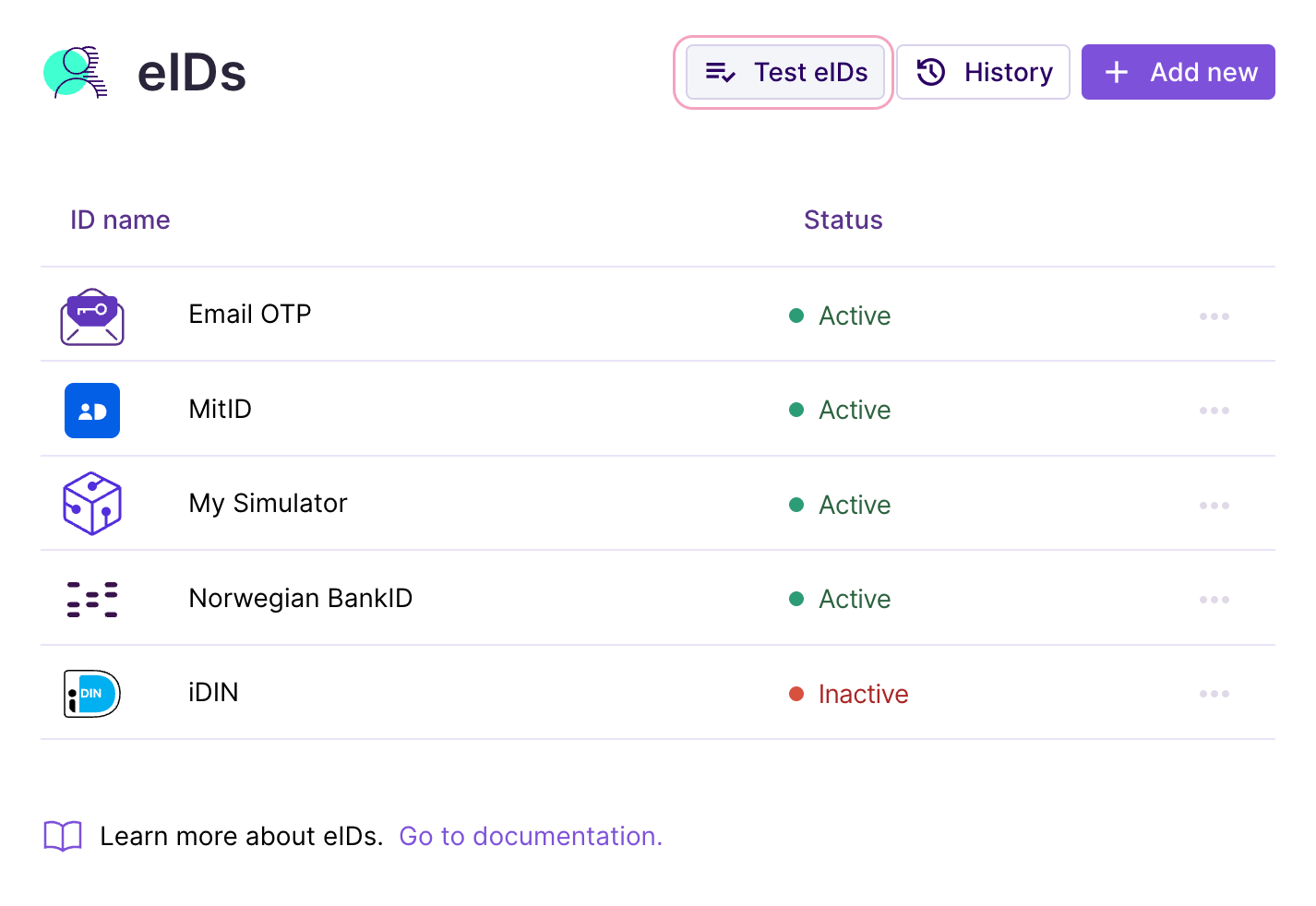 Select 'Test eIDs' to start testing.
