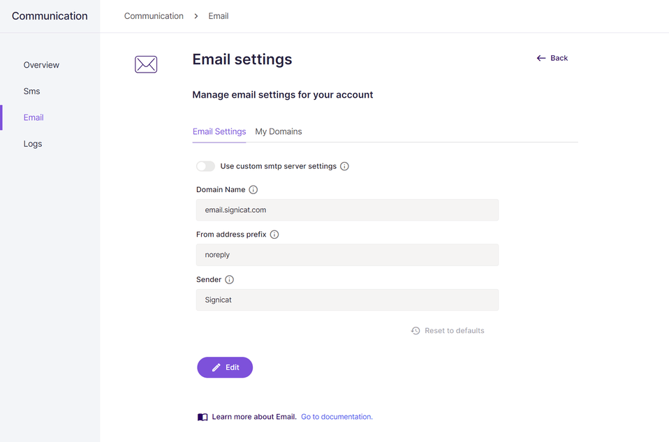 Email settings page