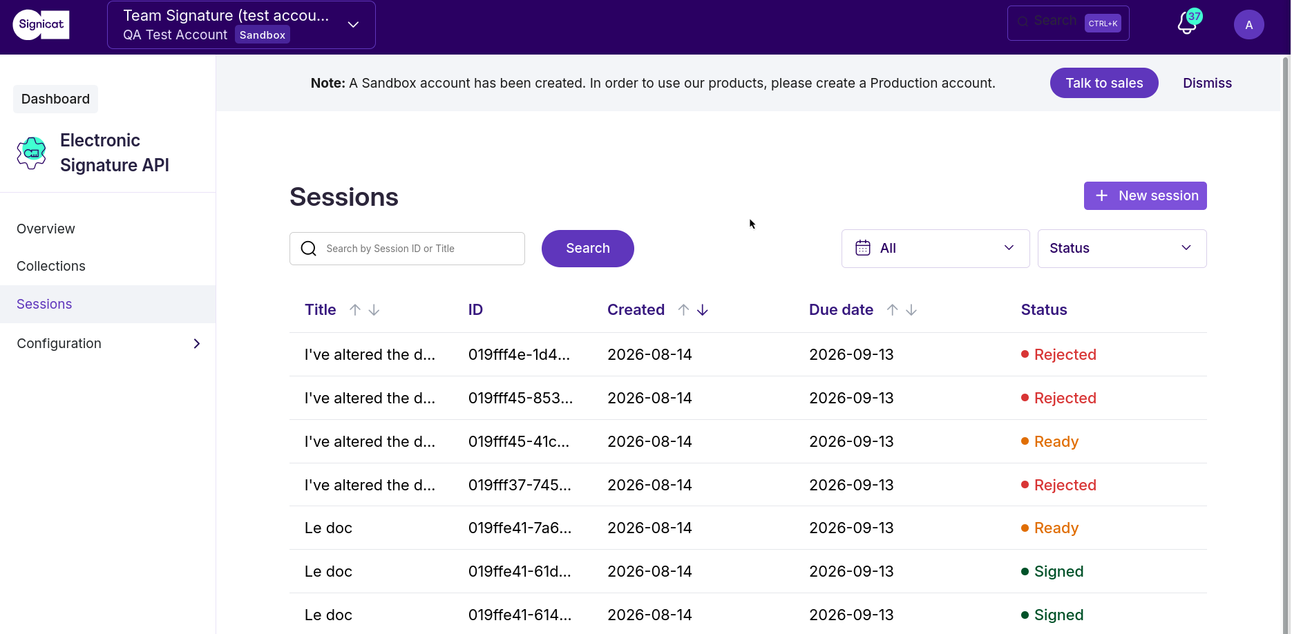 The Sessions list in the Signicat Dashboard, where rejected sessions are shown with a red 'Rejected' status.