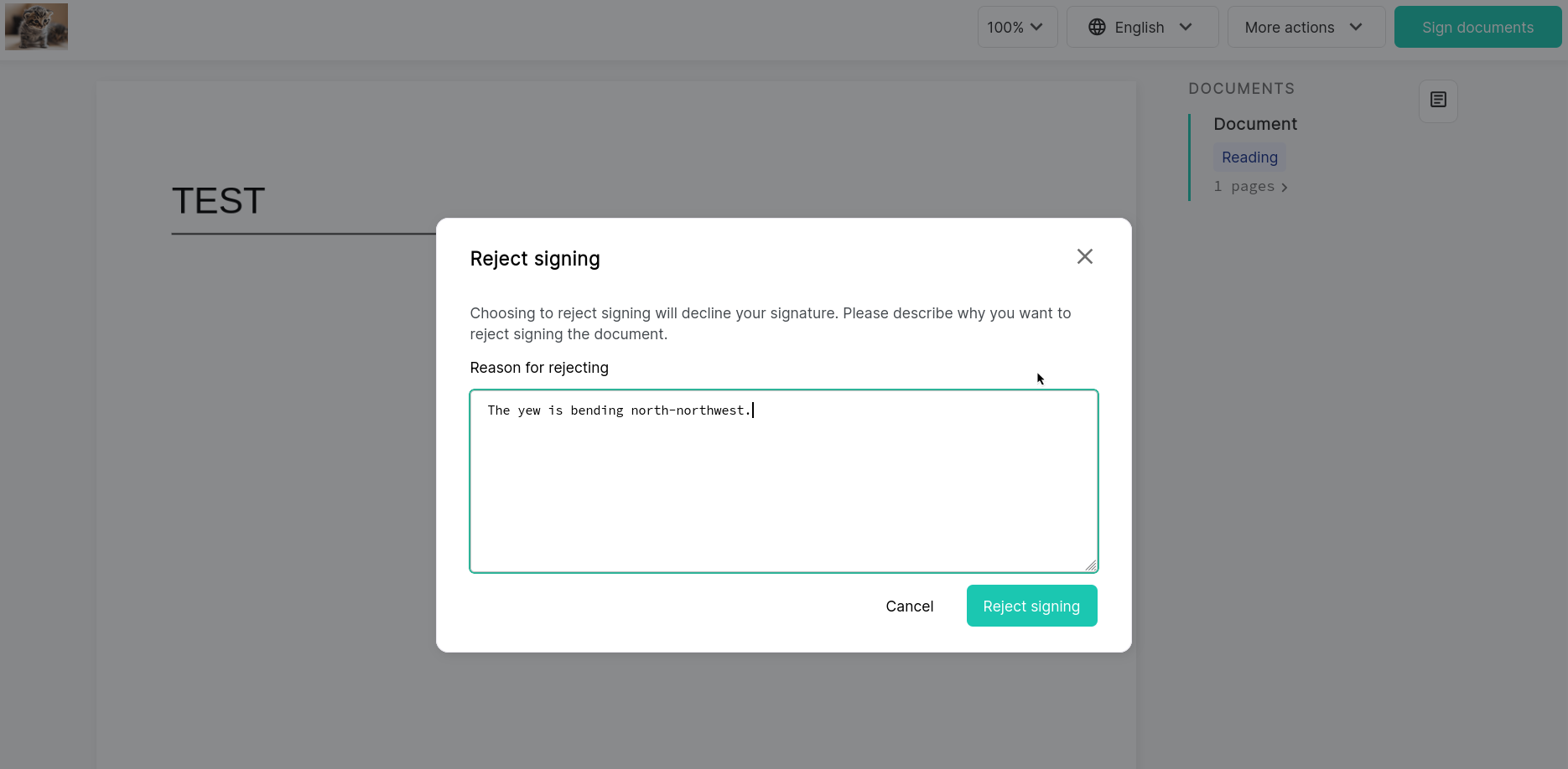 The popup modal titled 'Reject signing' with a text box for the user to enter a reason.