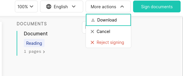 The dropdown menu in the signing interface showing options for Download, Cancel and Reject signing.