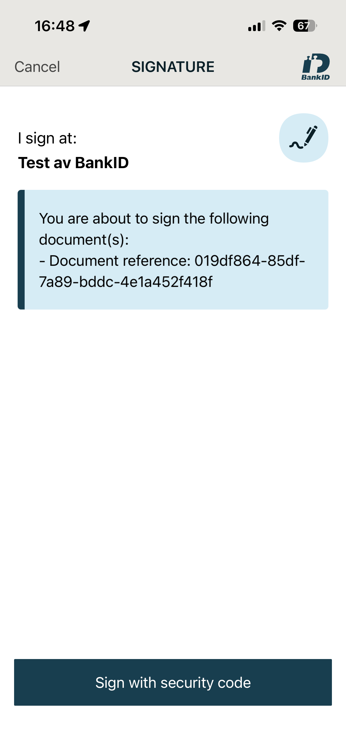 Example of the Swedish BankID application view for PDF signing