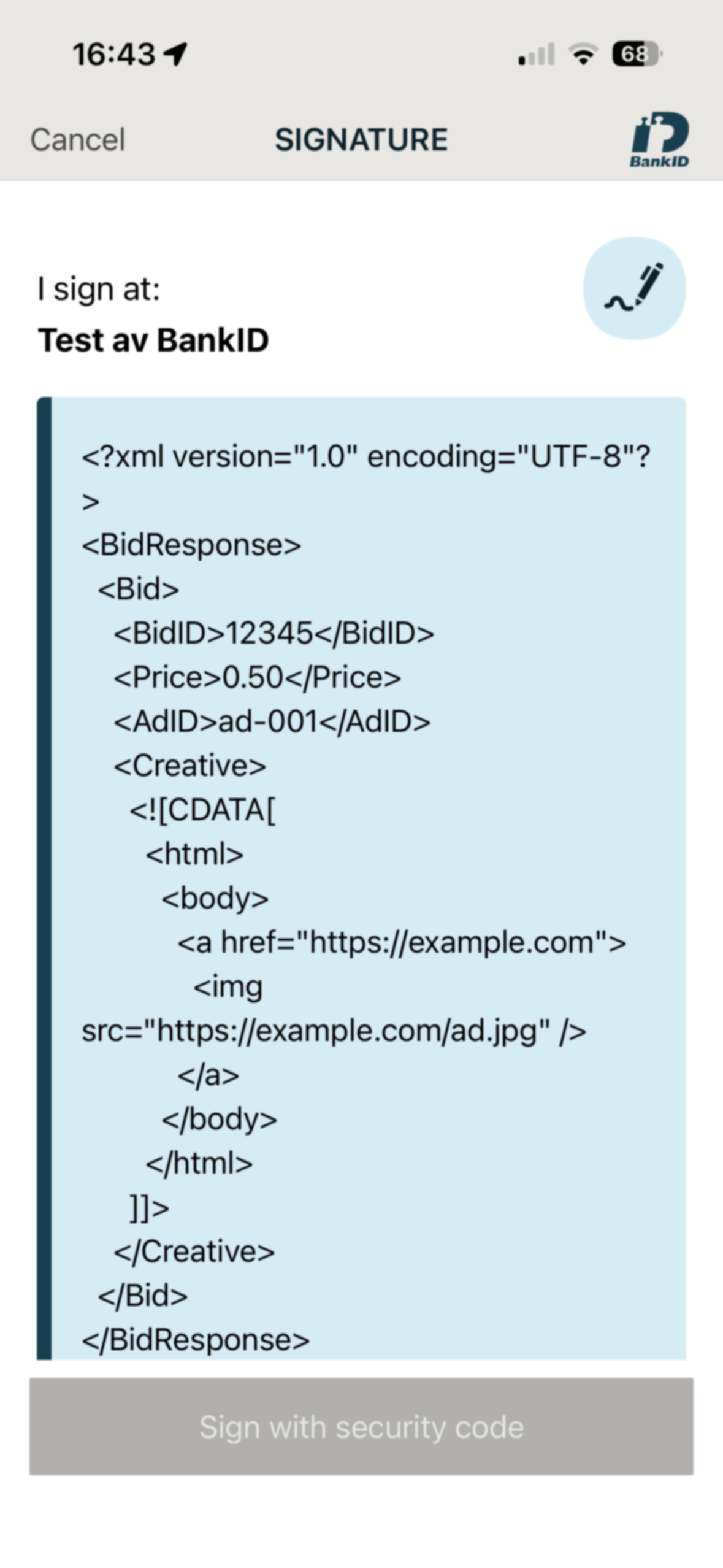 Example of the Swedish BankID application view for text signing