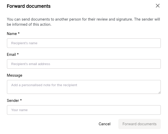 A screenshot of the Forward documents form, with fields for the recipient's name, email, a message and the sender's name.