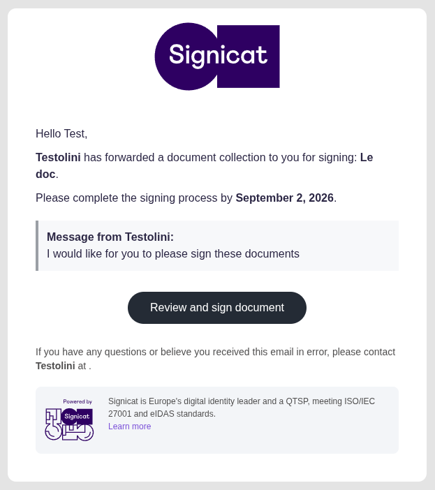 A screenshot of the email notification sent to the new recipient, inviting them to sign the forwarded document collection.