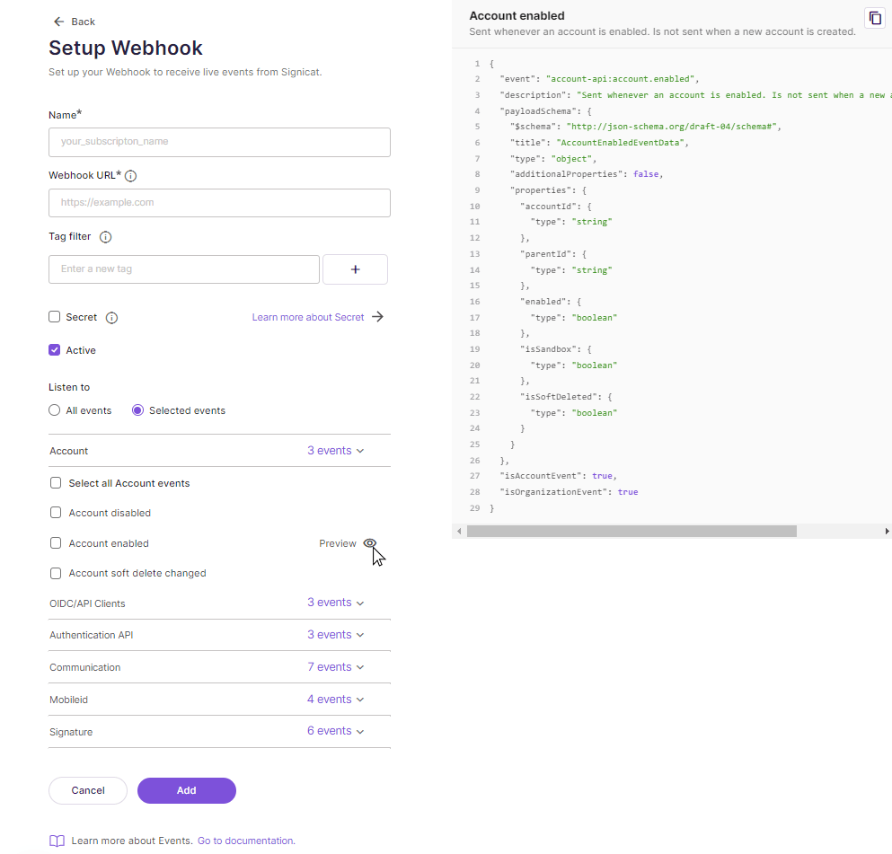 Screenshot showing how to preview an event's JSON payload in Events service