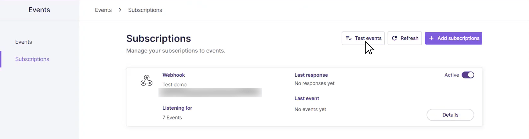 Screenshot showing how to test events in Events service