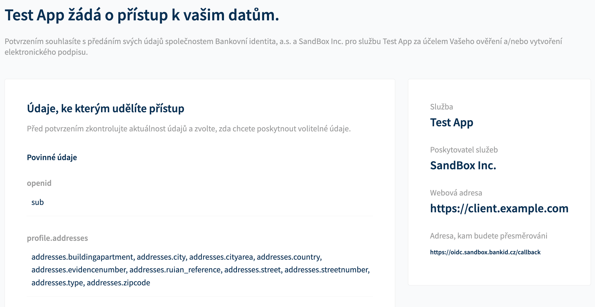 Review the personal data requested by the bank for authentication, then click "Potvrdit přístup".