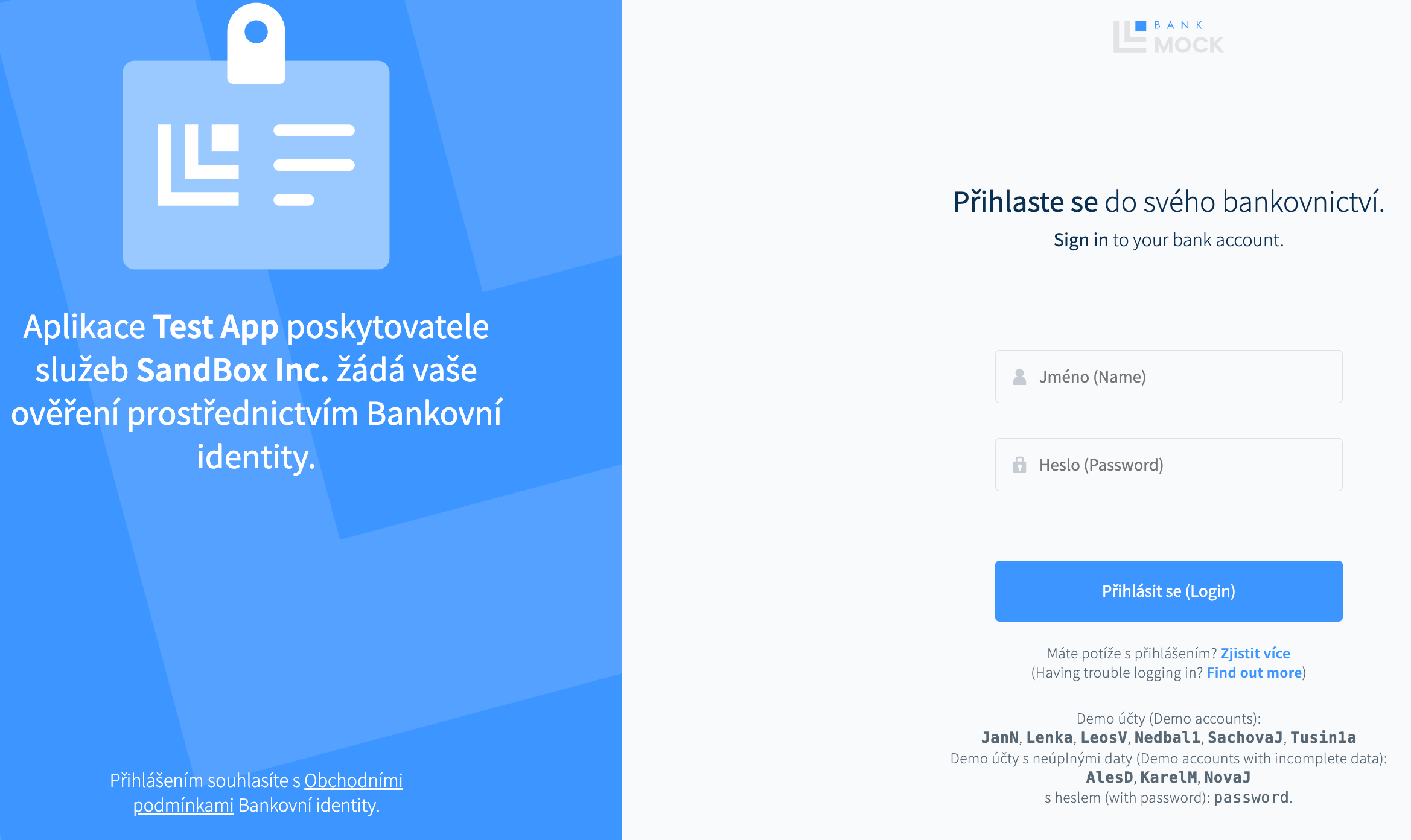 The Mock Bank authentication page is shown to prompt the user to enter their credentials.