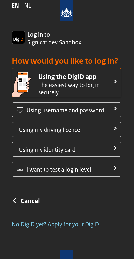 End-user DigiD app auth screen