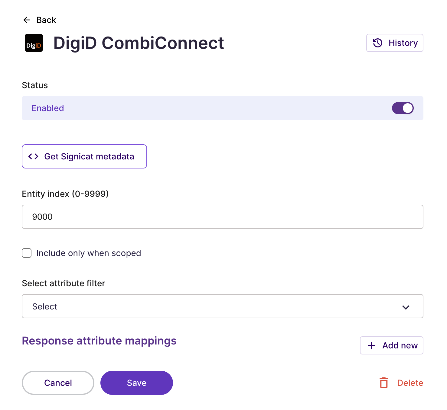 DigiD CombiConnect Dashboard settings