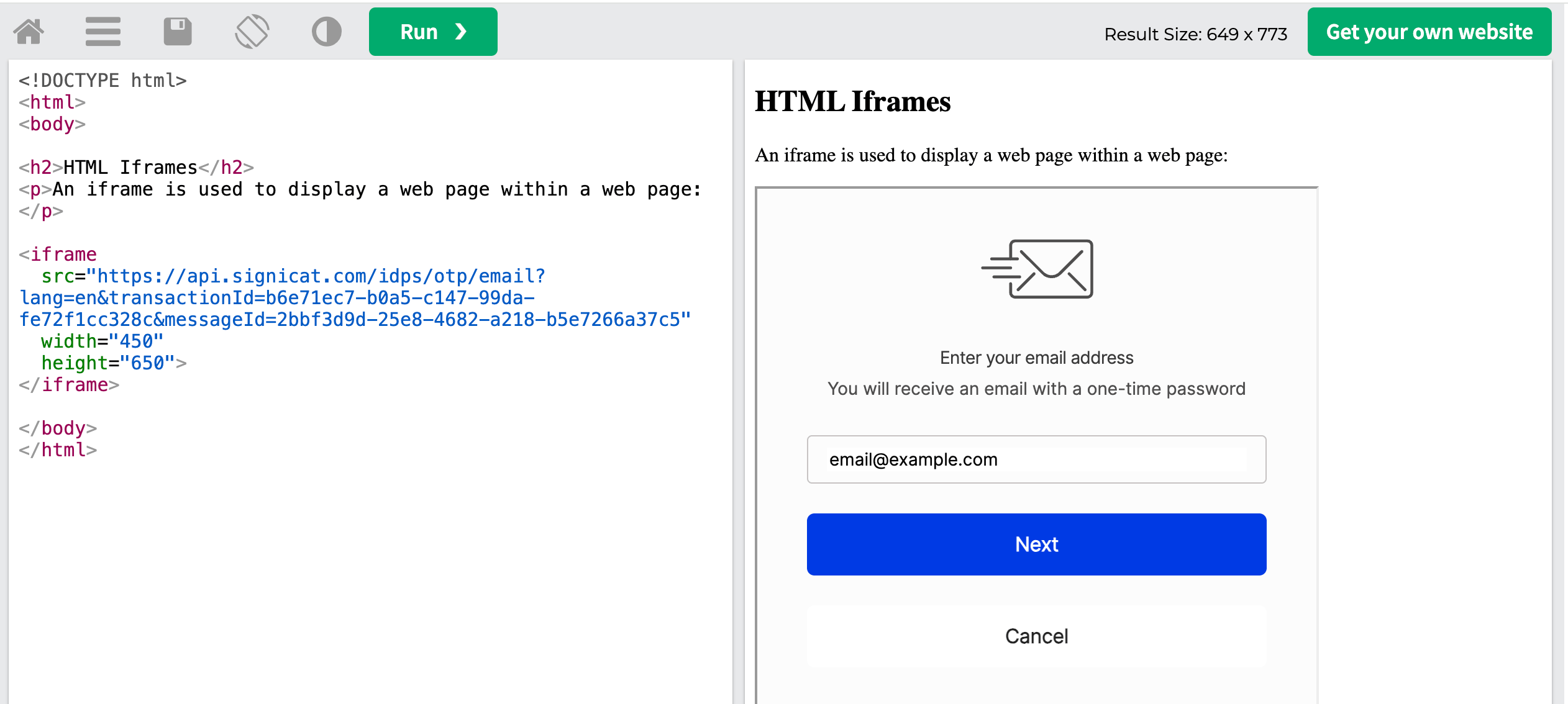 Test authentication with Email OTP in iframe