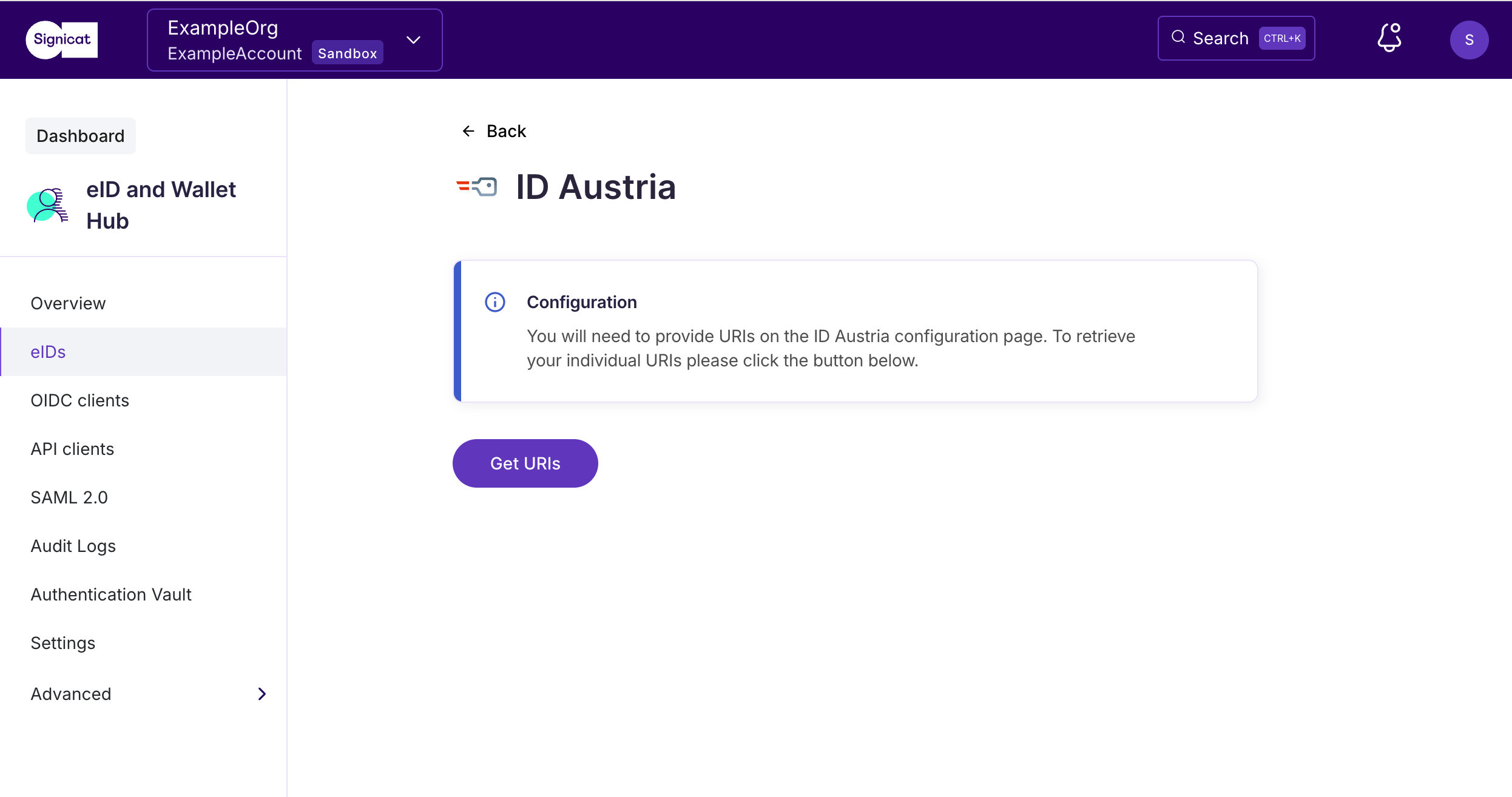 Select 'Get URIs' to start configuring ID Austria.