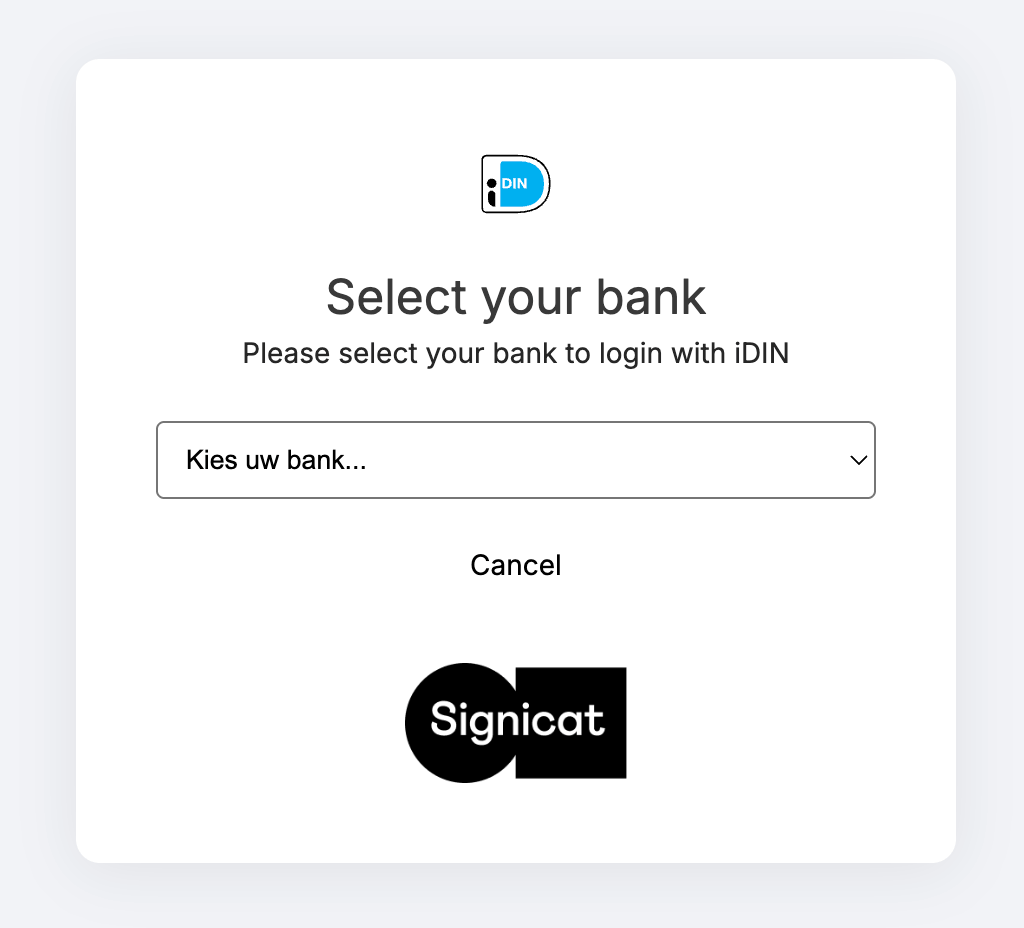 Signicat's built-in issuer bank selection screen for iDIN.