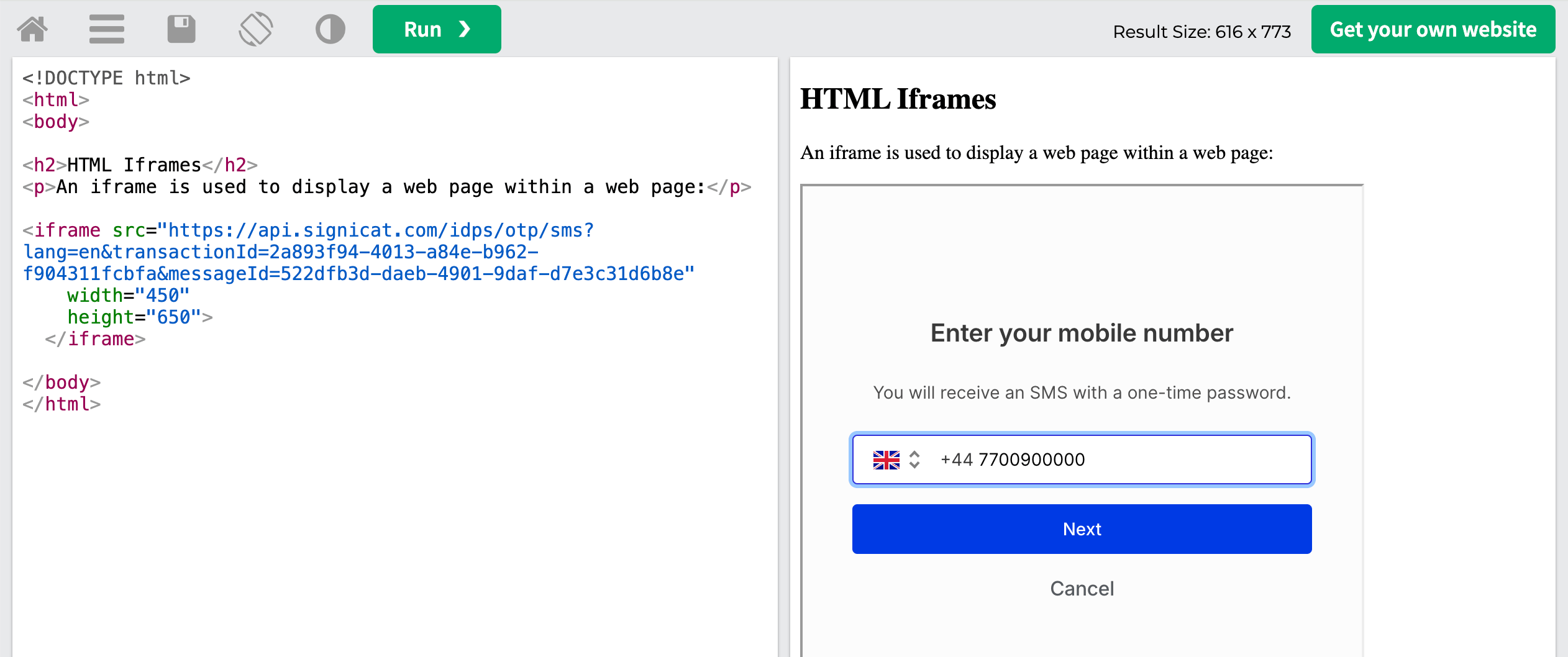 Test authentication with SMS OTP in iframe