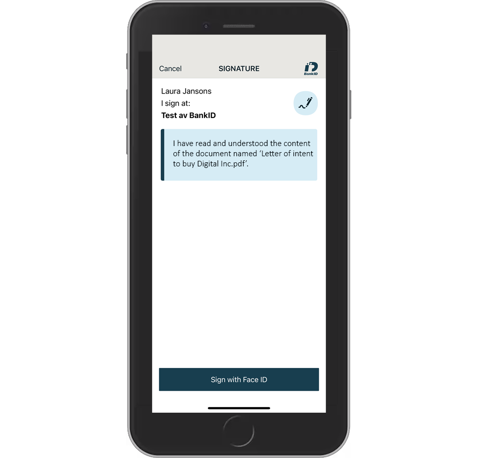 User signs the document with security code or biometrics (here with FaceID).