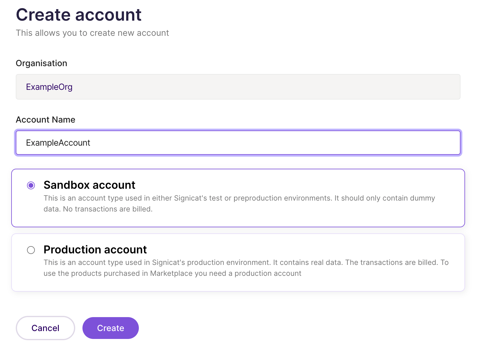 Create account screen