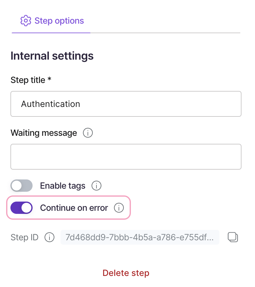 How to configure a step to continue the flow even if an error occurs.