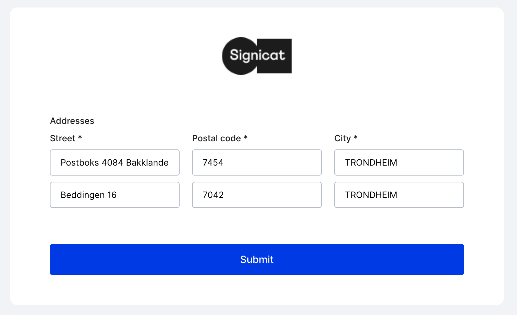 Review and submit the addresses in the table in the web form.