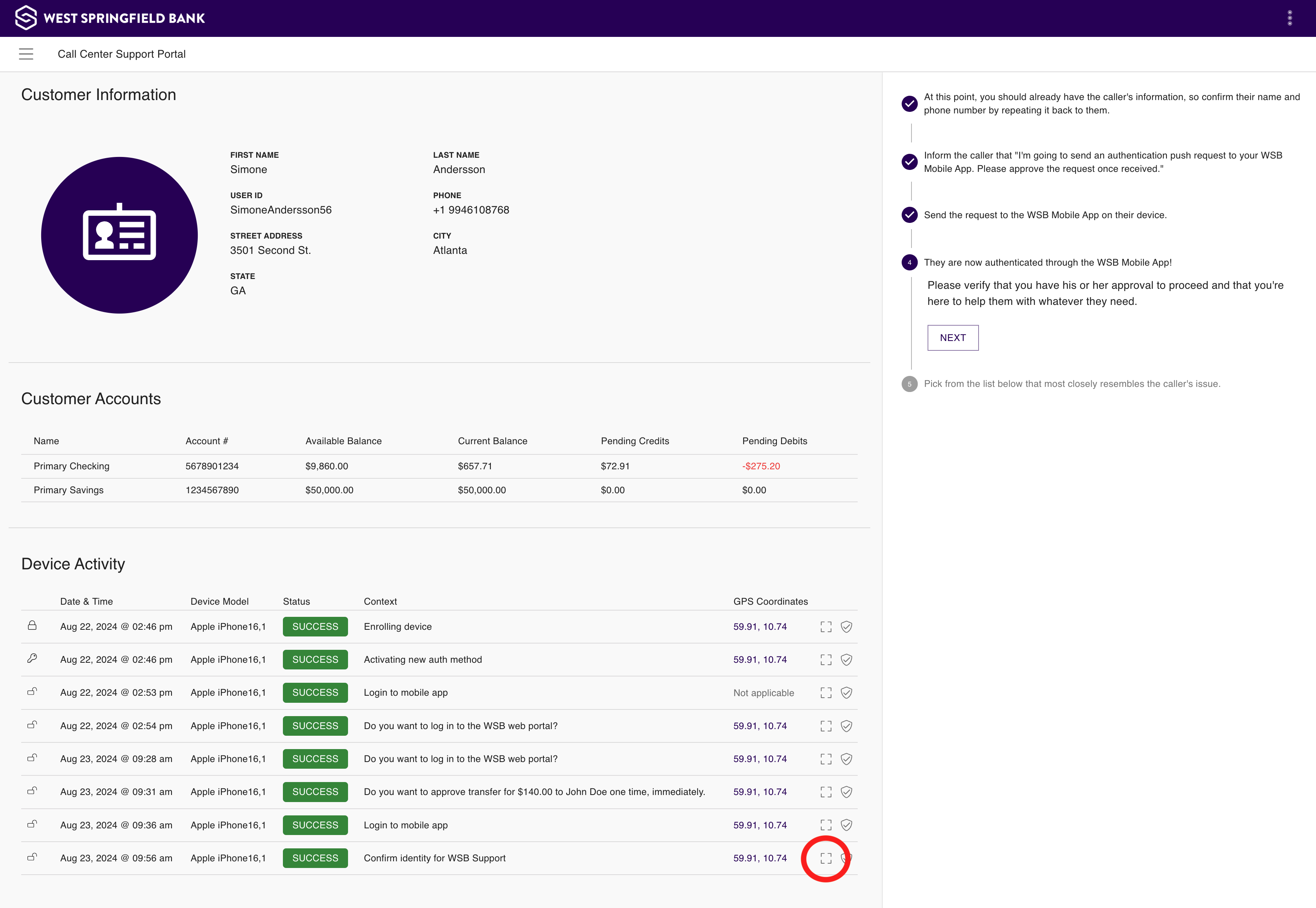 Click to see device activity details.