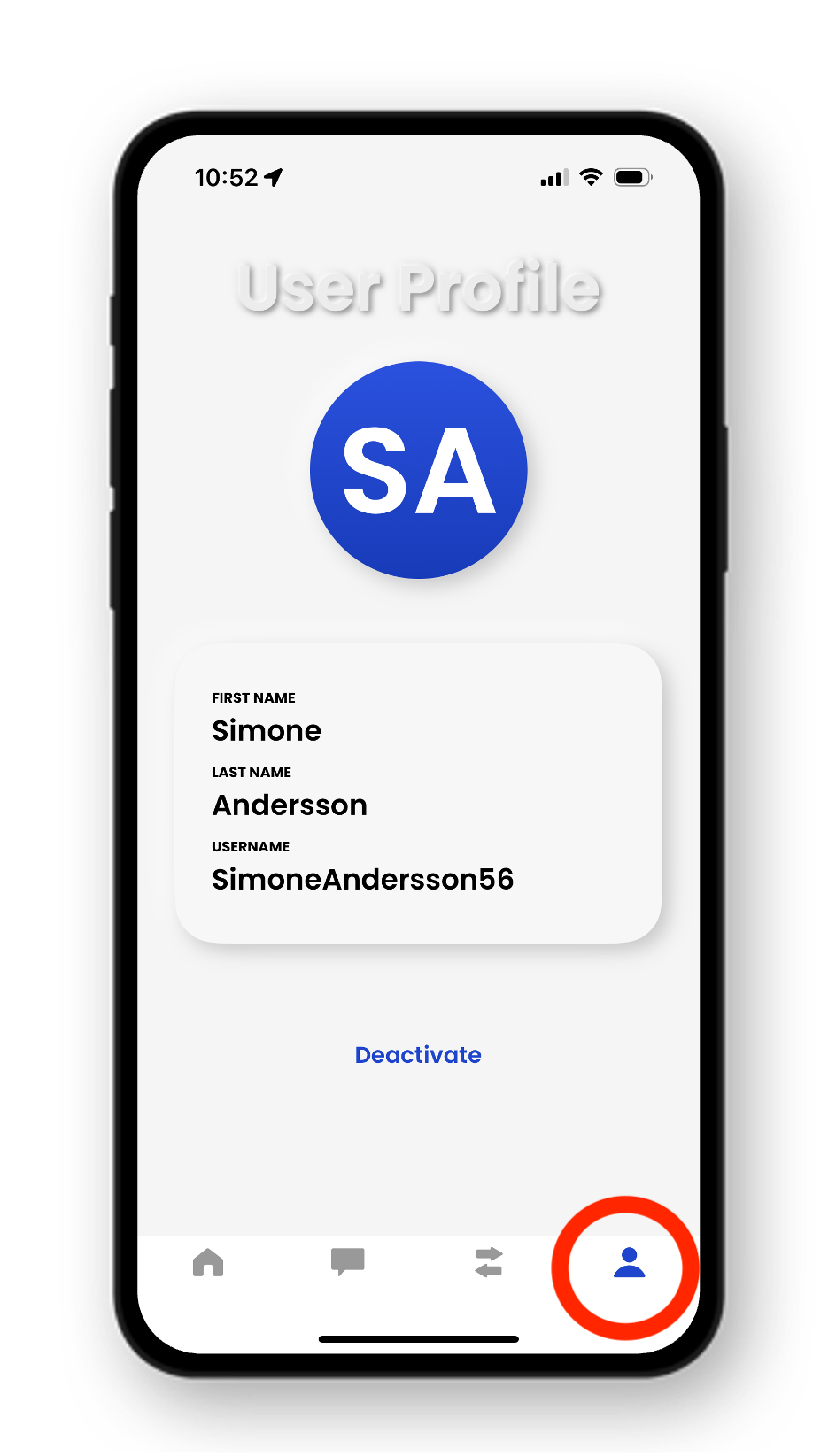 Navigate to the profile page in the app by clicking the highlighted icon on the menu toolbar.