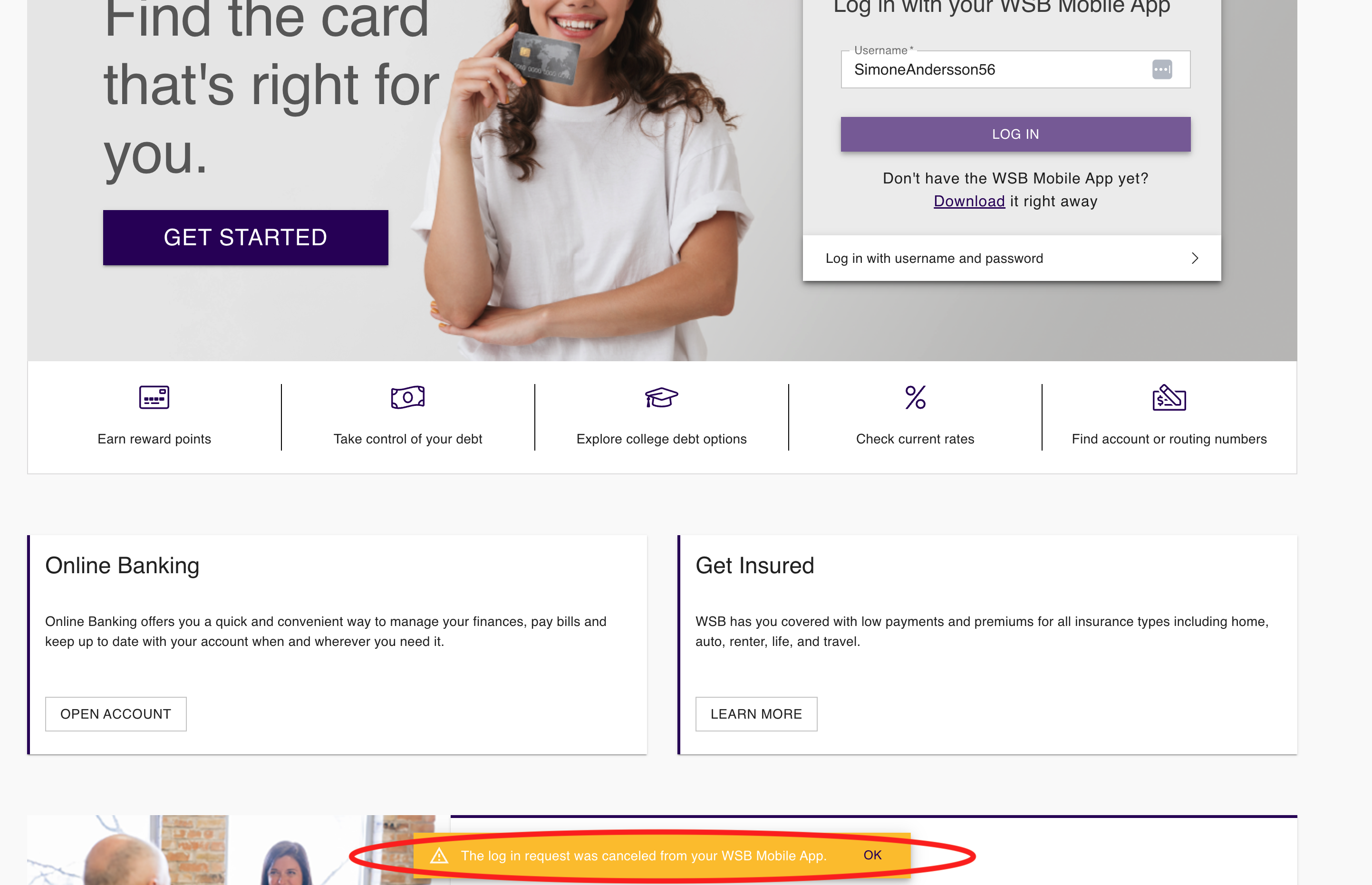 On the WSB website you will see a popup that the authentication was cancelled.