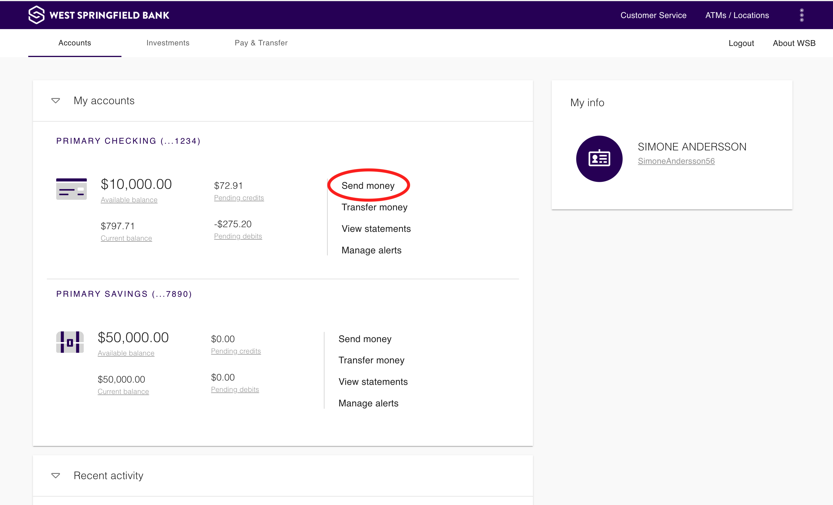On the website, click on “Send Money” to navigate to transfer page.