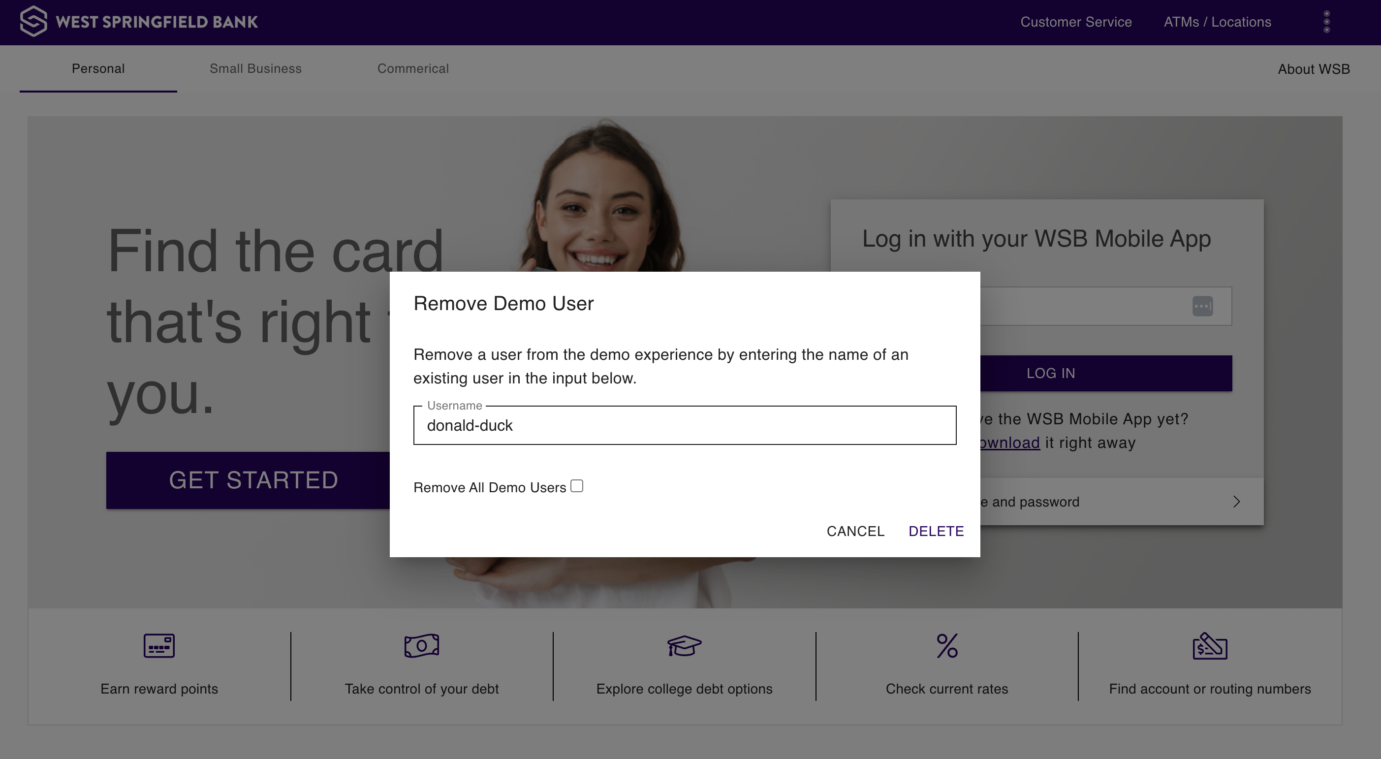 To delete one user, enter the username of that user and click "Delete".
