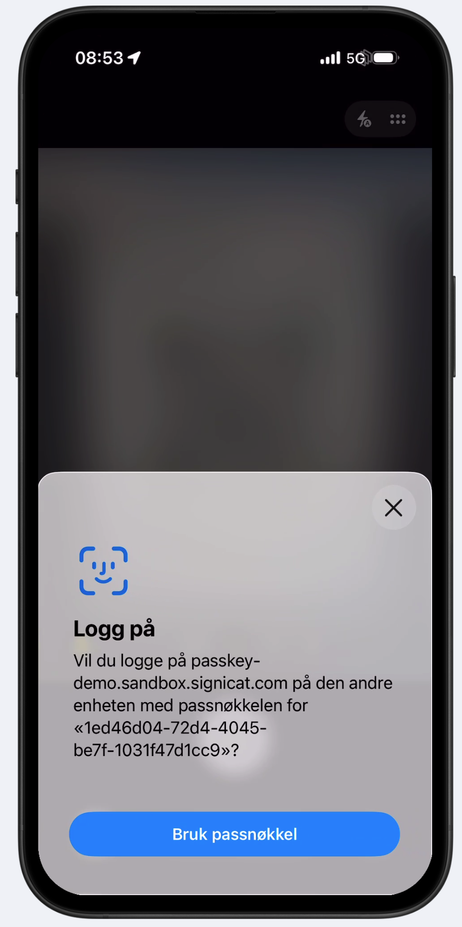 The end-user authorises the login using their local biometrics on their mobile device, for example Face ID or Touch ID.