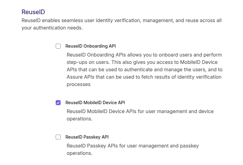 Screenshot showing the ReuseID MobileID Device API permission in the Signicat Dashboard