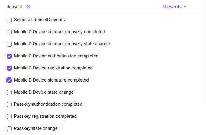 Screenshot showing ReuseID events that can be selected for an event subscription in the Signicat Dashboard
