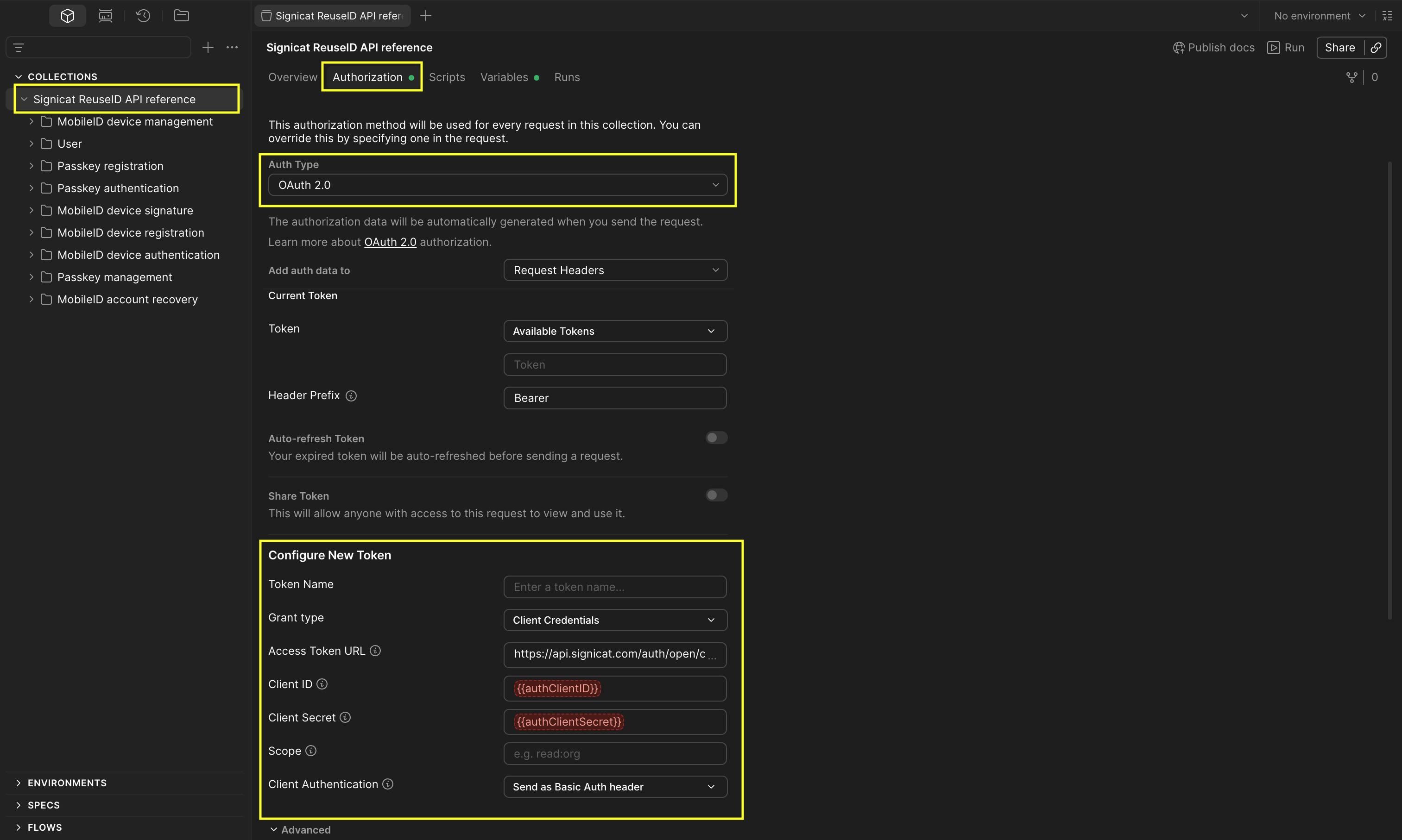 Screenshot showing set up of authorisation in Postman