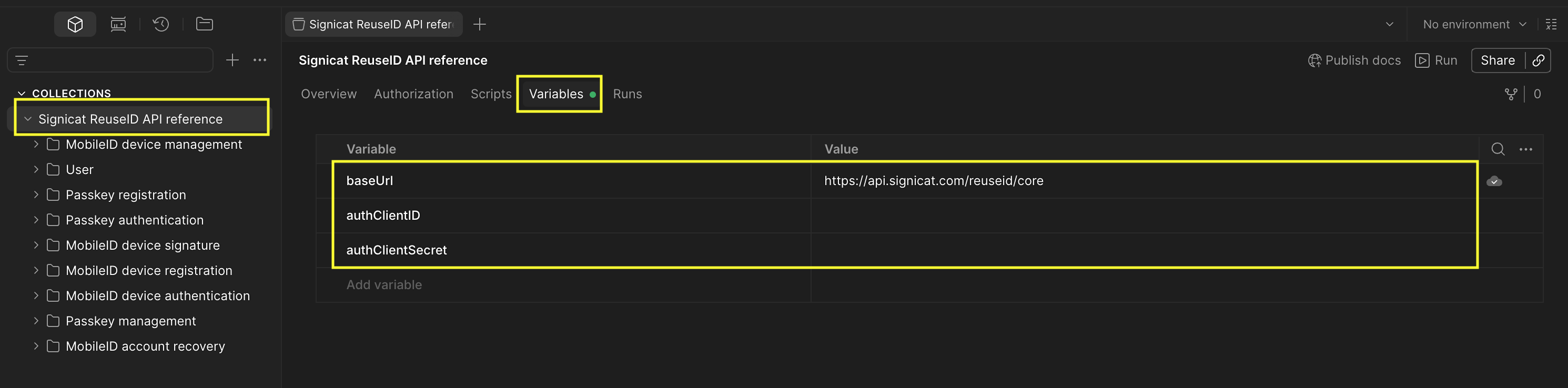 Screenshot showing creation of variables in Postman